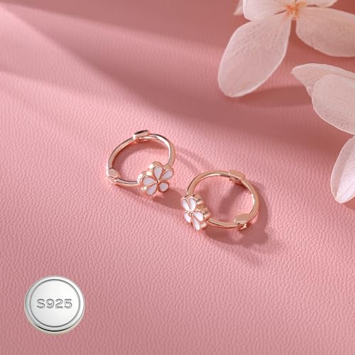 Reffeer Solid 925 Sterling Silver Flower Hoop Earrings Huggie for Women Teen Girls Daisy Hoop Earrings Cartilage Helix Earrings - color: C-Rose Color