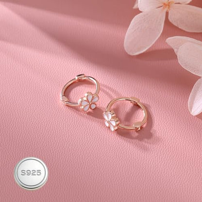 Reffeer Solid 925 Sterling Silver Flower Hoop Earrings Huggie for Women Teen Girls Daisy Hoop Earrings Cartilage Helix Earrings - color: C-Rose Color