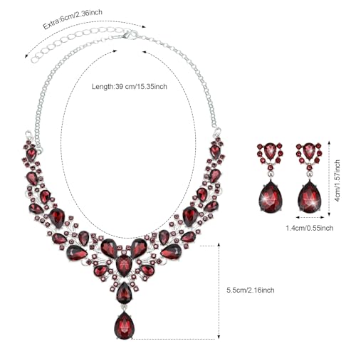 Hicarer Bridal Teardrop Cluster Crystal Jewelry Set for Women Necklace Earrings Wedding - color: Wine Red