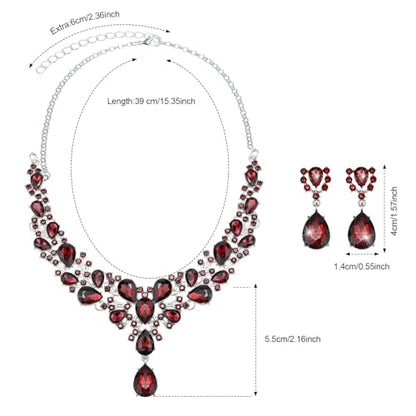 Hicarer Bridal Teardrop Cluster Crystal Jewelry Set for Women Necklace Earrings Wedding - color: Wine Red