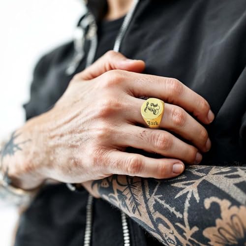 Custom Signet Ring for Men Personalized Initial Ring Custom Mens Rings Engraved Ring Customized Memorial Graduation Gifts for Father Husband Boyfriend Friends - color: Round Gold