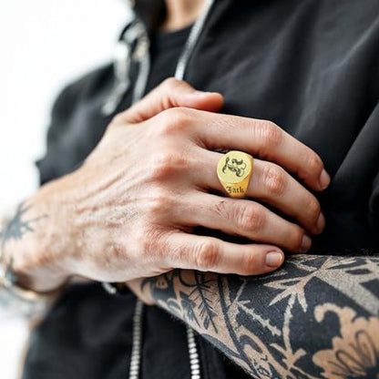 Custom Signet Ring for Men Personalized Initial Ring Custom Mens Rings Engraved Ring Customized Memorial Graduation Gifts for Father Husband Boyfriend Friends - color: Round Gold