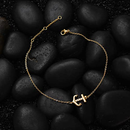 LOYATA Dainty Ankle Bracelet,14K Gold Plated Tiny Bead Anklet Dainty White Cubic Zirconia Cross Tassel Foot Chain Cute Lucky Moon Evil Eye Foot Jewelry Boho Anklets for Women - color: Anchor