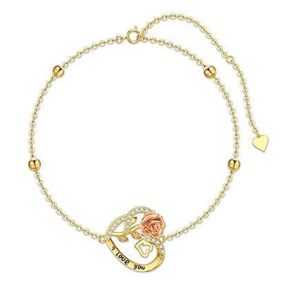Aihpos 14K Solid Gold Heart Anklets for Women - Real Gold Flower Ankle Bracelets 14 Karat Anklets for Her, 8+2 Inch