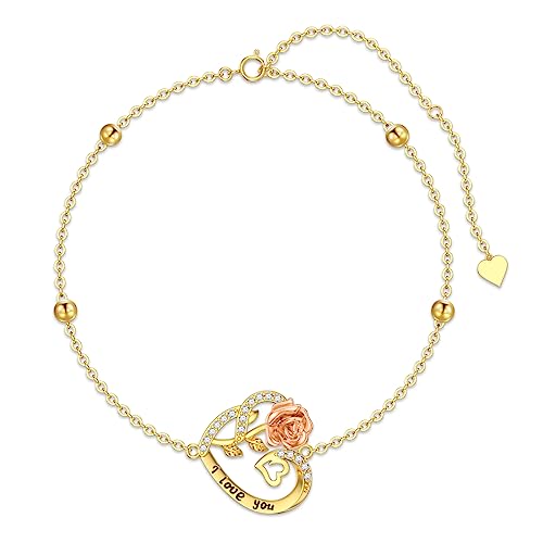 Aihpos 14K Solid Gold Heart Anklets for Women - Real Gold Flower Ankle Bracelets 14 Karat Anklets for Her, 8+2 Inch