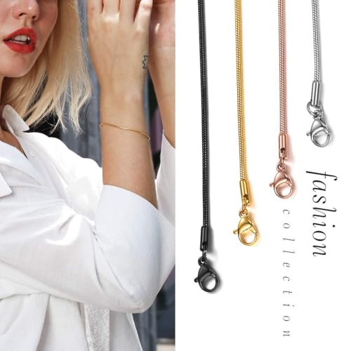ChainsHouse Stainless Steel Herringbone Flat Chain Bracelets for Women,18K Gold/Rose Gold/Black Metal Paperclip/Snake/Cuban/Figaro Sterling Silver Link Charm Bracelet, 16+5cm Adjustable, With Gift Box - color: d. snake-gold