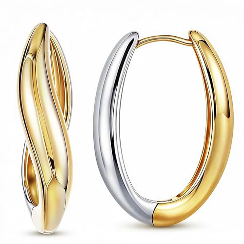 Trendy Two Tone Gold and Silver Oval Hoop Earrings, 14K Gold Plated | 925 Sterling Silver Post, Twisted Oval Design, Lightweight Small Chunky Huggie Hoops, Statement Jewelry Gift for Women