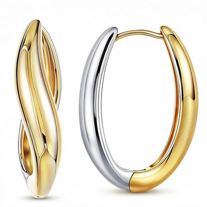 Trendy Two Tone Gold and Silver Oval Hoop Earrings, 14K Gold Plated | 925 Sterling Silver Post, Twisted Oval Design, Lightweight Small Chunky Huggie Hoops, Statement Jewelry Gift for Women