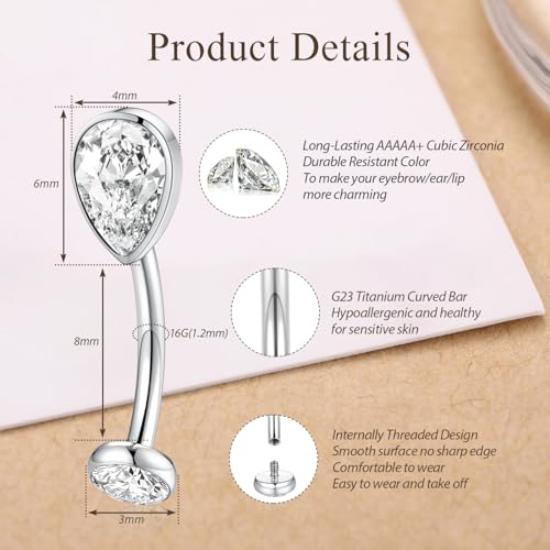 GAGABODY G23 Titanium Eyebrow Rings 16G Curved Barbell Lip Ring Rook Earrings for Women Belly Ring Vertical Labret Jewelry Tragus Helix Daith Earring Belly Piercing - color: 1Pc-Waterdrop Shape Silver+Clear CZ