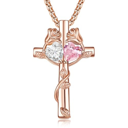 Rose Gold Cross Necklace with 2 Birthstones and Rose | Cross with Birthstone Necklace, Hypoallergenic, Adjustable Rolo Chain, Birthday Gifts, Catholic Christian Religious Jewelry - color: 04-10-Apr-Oct Birthstone