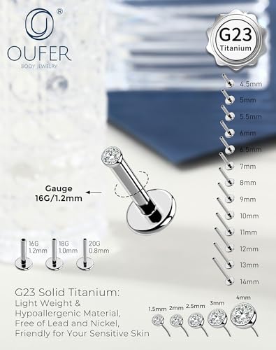 OUFER 2Pcs 20G/18G/16G G23 Titanium Threadless Nose Stud Earrings Flat Back Tiny CZ Small Nose Helix Cartilage Tragus Conch Labret Medusa Monroe Piercing Jewelry for Women Men - color: Silver, size: 2pcs, 16g 4.5mm, 2mm cz