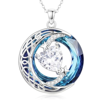Birthstone Necklace for Women Crystal Moon and Star Pendant White Gold Celtic Moon Jewelry Birthday Graduation Gifts for Wife Her - style: Moon-4