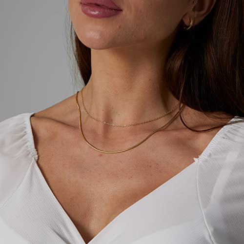 Herringbone Choker Necklace Set Double Layer Snake Chain Herringbone Chain Necklace Layering Necklace Set Cuban Chain Necklace for Women - style: 1.5mm Snake+ Ochain-GD