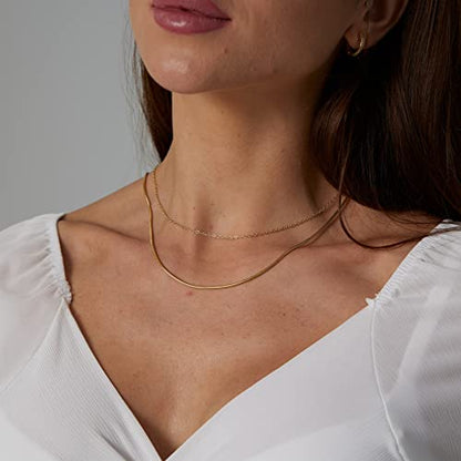 Herringbone Choker Necklace Set Double Layer Snake Chain Herringbone Chain Necklace Layering Necklace Set Cuban Chain Necklace for Women - style: 1.5mm Snake+ Ochain-GD