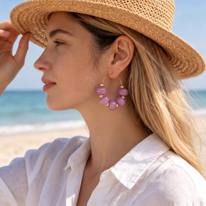 Colorful Beaded Earrings for Women Beaded Hoop Earrings | Chunky Acrylic Resin Boho Statement Drop Earrings Trendy Summer Beach Jewelry Accessories Gifts - color: Purple