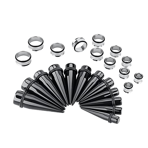 24PC Ear Gauge Stretching Kit Acrylic Tapers and Surgical Steel Tunnels Plugs 00G-20MM Gauge Stretching Kit - color: Black Silver