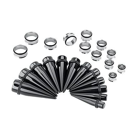 24PC Ear Gauge Stretching Kit Acrylic Tapers and Surgical Steel Tunnels Plugs 00G-20MM Gauge Stretching Kit - color: Black Silver