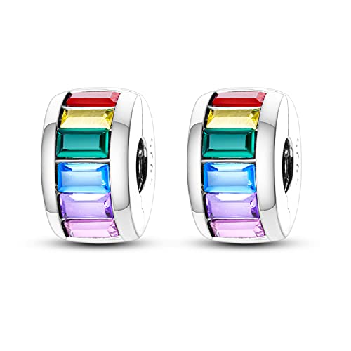 Parmuz Clip Spacer Charm for Bracelet 925 Sterling Silver Stopper Beads | Pave Lock Stopper Charm for Necklace Pink Daisy Butterfly Cubic Zirconia Openable Beads Jewelry Gift for Woman - color: 2pcs Colorful zircon clip charm