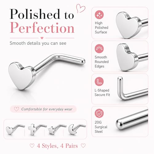 20G Nose Rings for Women, L Shaped Nostril Piercing Studs | 316L Stainless Steel, 0.8 mm×7 mm, 2 mm CZ or 3-4 mm Heart, Star, Moon and Cross, Gold-Tone or Silver-tone, Daily Wear - style: Silver Style B