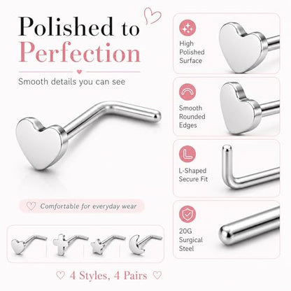 20G Nose Rings for Women, L Shaped Nostril Piercing Studs | 316L Stainless Steel, 0.8 mm×7 mm, 2 mm CZ or 3-4 mm Heart, Star, Moon and Cross, Gold-Tone or Silver-tone, Daily Wear - style: Silver Style B