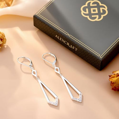 ALEXCRAFT 14K Goldplate Silver Long Rhombus Dangle Drop Earrings for Women | Trendy Hypoallergenic Lightweight Simple Daily Elegant Geometric Leverback Earrings Long Dangling Drop Earrings Boho Jewelry - color: Rhombus_Silver