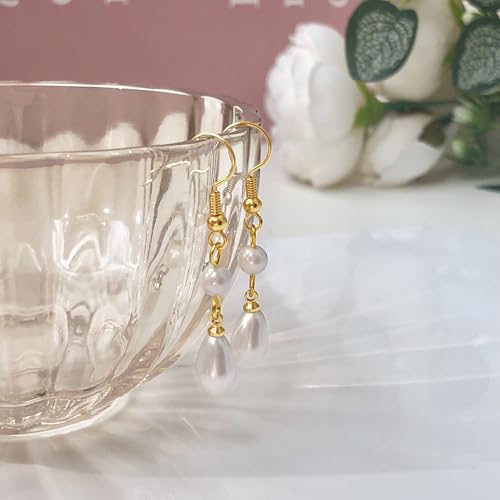 Pearl Earrings for Women 14k Gold/Silver Pearl Drop Earrings Long White Pearl Tassel Dangle Statement Earrings Bridal Wedding Dainty Prom Earrings Birthday Gifts Jewelry - color: Gold Double Pearl Drop Earrings