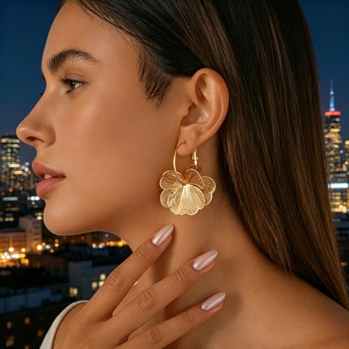 Gold Silver Flower Hoop Earrings for Women 14K Gold Plated Large Layered Flower Dangle Drop Earrings Wedding Party Holiday Birthday Gifts Lightweight Trendy Bohemian Jewelry Gift for Her - color: Gold