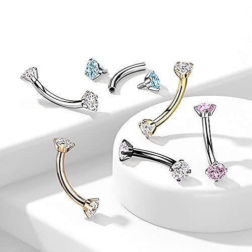 Pierced Owl - 16GA G23 Implant Grade Titanium Internally Threaded Prong Set CZ Crystal Ends Cartilage Helix Daith Rook Eyebrow Curved Barbell - color: Rose Gold Tone / Clear