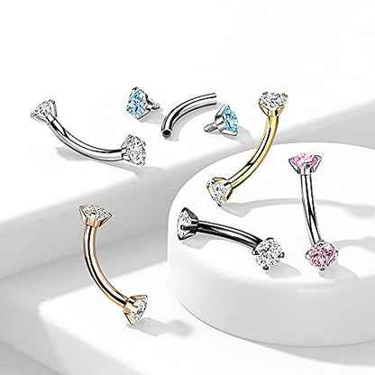 Pierced Owl - 16GA G23 Implant Grade Titanium Internally Threaded Prong Set CZ Crystal Ends Cartilage Helix Daith Rook Eyebrow Curved Barbell - color: Silver Tone / Aqua