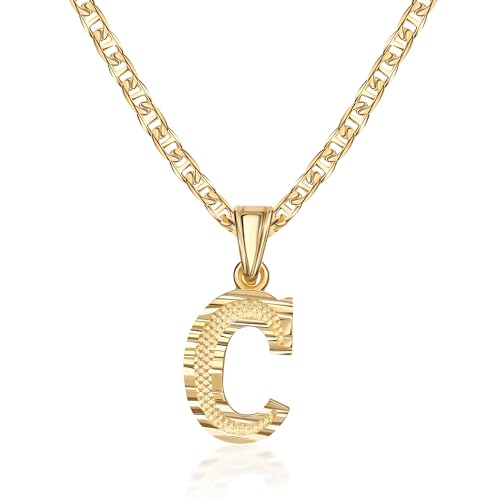 Barzel 18K Gold Plated Initial Necklace with Diamond Cut Initial, Waterproof, High Polish Finish, Made in Brazil - style: C