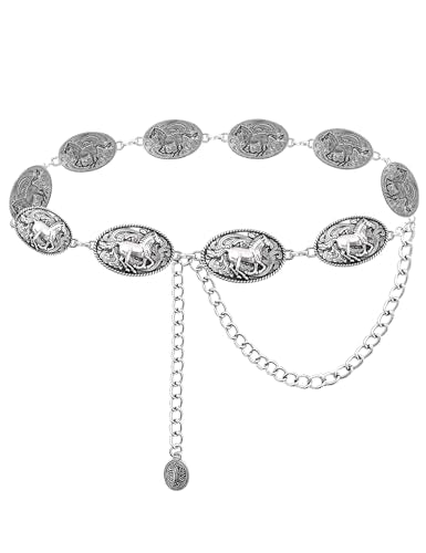 TOPACC Cowgirl Belts for Women Metal Rodeo Concho Western Chain Belt | Adjustable Cowboy Western Belt for Dresses Jeans Boho Country Concert Outfit - color: A-silver, size: Fit Waist: 26-28 in