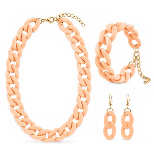 3 Pcs Acrylic Chunky Necklace Bracelet Earrings Set for Women, Bold Cuban Link Choker Necklace, Colorful Statement Jewelry Accessories for Party Outfit - color: Light Orange