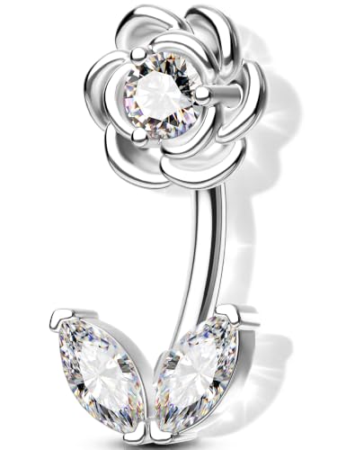 Melighting 16G Flower Rook Piercing Jewelry Marquise Stainless Steel 316L | Delicate Floral Leaf Design, 5A Grade Cubic Zircon, Dainty Eyebrow Piercing - color: Steel, size: 16g6mm