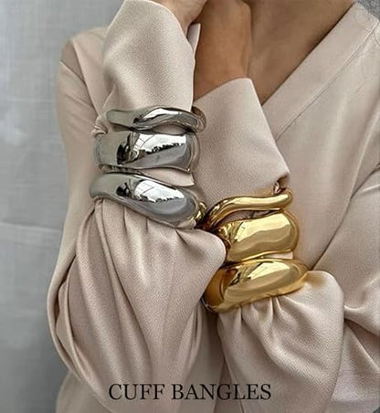 Chunky Gold Bangle Bracelets for Women, 14k Gold Plated Dainty Cuff Stackable Bangles Set, Trendy Bracelet Stack Fashion Jewelry Gifts - color: 05-Silver