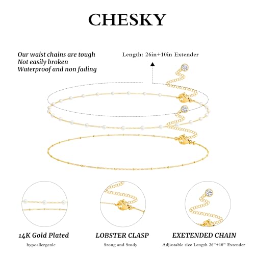 CHESKY Waist Beads for Women, 14k Gold Plated Waist Chain Gold Chain Belt for Womens Simple Body Chain Jewelry Belly Chain Beach Accessories Dainty Gold Jewelry for Women Gifts Rave Outfits for Womens - style: satellite pearl-gold