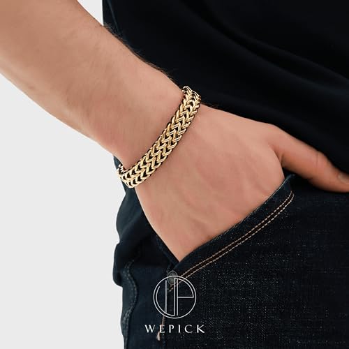 18K Gold-Plated Bracelets for Men Franco Link Chain Adjustable | Stainless Steel Bracelet, Gold Beads Bracelet, Handcrafted Braided, Mens Jewelry Birthday Gift for Men - color: Metallic Gold