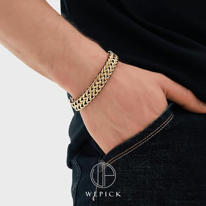 18K Gold-Plated Bracelets for Men Franco Link Chain Adjustable | Stainless Steel Bracelet, Gold Beads Bracelet, Handcrafted Braided, Mens Jewelry Birthday Gift for Men - color: Metallic Gold