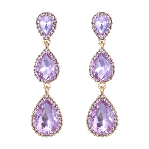 EleQueen Women's Crystal Teardrop Pear Shape 2.5 Inch Long Earrings | Dangle Earrings for Women, TearDrop Crystals Earrings for Bride Bridesmaid, Prom Jewelry for Wedding - color: Full Light Purple Gold-Tone