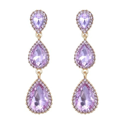 EleQueen Women's Crystal Teardrop Pear Shape 2.5 Inch Long Earrings | Dangle Earrings for Women, TearDrop Crystals Earrings for Bride Bridesmaid, Prom Jewelry for Wedding - color: Full Light Purple Gold-Tone