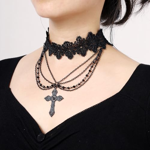 MILAKOO Lace Tattoo Choker for Women Elegant Goth & Elegant Necklace Collarbone Pearl Pendant Collar - color: Black D