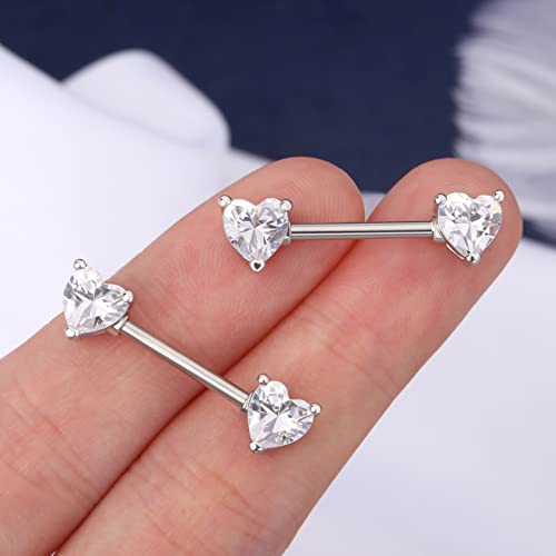 OUFER 2PCS 14G Surgical Steel Nipple Rings Barbell Heart CZ Nipple Rings Piercing for Women nippleshield Piercing Body Piercing - color: White