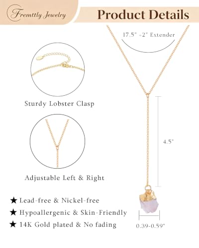 Lariat Necklace for Women Dainty Gold Long Crystal Drop Y-Shaped Necklace | 14k Gold Plated Crystal Drop Necklace Trendy Non Tarnish Simple Gold Jewelry For Wedding, Prom, Daily - color: Rose Quartz