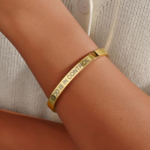 Inspirational Christian Bracelet for Women, Oval Engraved Bible Verse Love Bangle Cuff, Faith Scripture Jewelry, Religious Encouragement Gift for Mom Daughter Sister Friend - color: GOD IS IN CONTROL-Oval Bangle Gold