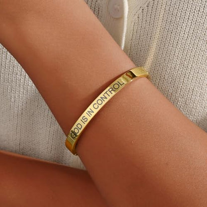 Inspirational Christian Bracelet for Women, Oval Engraved Bible Verse Love Bangle Cuff, Faith Scripture Jewelry, Religious Encouragement Gift for Mom Daughter Sister Friend - color: GOD IS IN CONTROL-Oval Bangle Gold