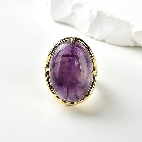 Natural Stone Adjustable Finger Rings Semi Precious Oval Shaped Gemstone Jewelry For Women Anniversary Birthday Wedding Gift - color: Amethyst