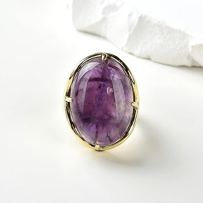 Natural Stone Adjustable Finger Rings Semi Precious Oval Shaped Gemstone Jewelry For Women Anniversary Birthday Wedding Gift - color: Amethyst