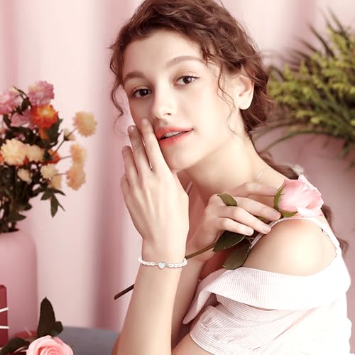 DAYANEY Pearl Bracelets for Women Gold Bracelet Silver Pearl Jewelry | Gold Bracelet Silver Pearl Jewelry Summer Gifts for Girls Dainty Daisy and Heart Bracelets Cute Floral Jewelry for Bridesmaid - style: Heart Pearl