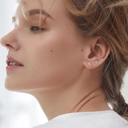 MASOP VOGU 3-5mm Sterling Silver Stud Earrings Set 14K White Gold Plated Hypoallergenic Tiny Round Cut CZ Cubic Zirconia Simulated Diamond Cartilage Studs for Women Men - color: I#Gold-3Pairs(3/4/5mm)-Purple CZ