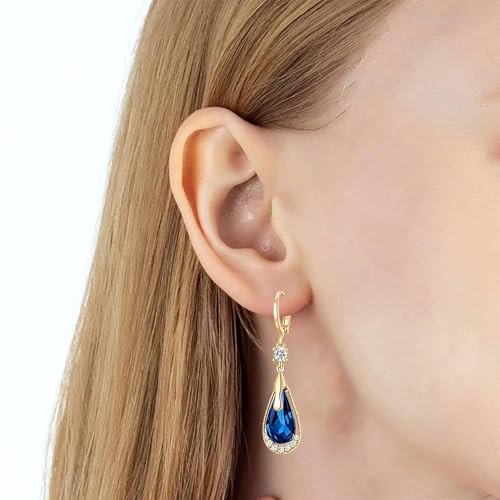 Trendy Austrian Crystal Teardrop Drop Huggie Dangle Earrings for Women 14k Rose Gold Plated Hypoallergenic Jewelry Gifts - color: Dark Blue