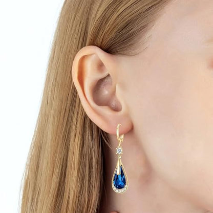 Trendy Austrian Crystal Teardrop Drop Huggie Dangle Earrings for Women 14k Rose Gold Plated Hypoallergenic Jewelry Gifts - color: Dark Blue
